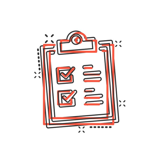 Icono de signo de portapapeles de lista de verificación en estilo cómic Ilustración de dibujos animados de vector de lista de documentos sobre fondo blanco aislado Efecto de salpicadura de concepto de negocio de bloc de notas de cuestionario