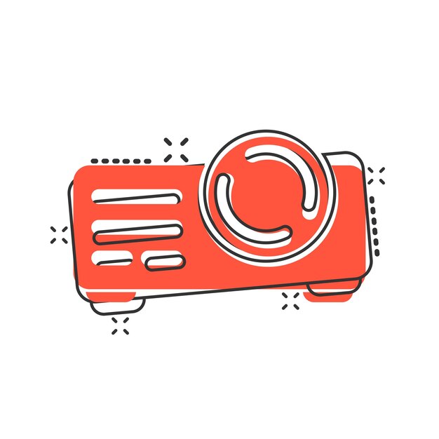 Icono de signo de proyector de video en estilo cómic Ilustración de vector de dibujos animados de dispositivo de presentación de cine sobre fondo blanco aislado Concepto de negocio de efecto de salpicadura de conferencia