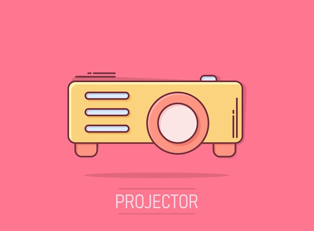 Icono de signo de proyector de vídeo en estilo cómico Ilustración de dibujos animados de vector de dispositivo de presentación de cine sobre fondo aislado Efecto de salpicadura de concepto de negocio de conferencia