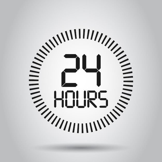 Icono del signo del reloj de 24 horas en estilo plano Ilustración vectorial abierta de veinticuatro horas en un fondo aislado Concepto de negocio del horario