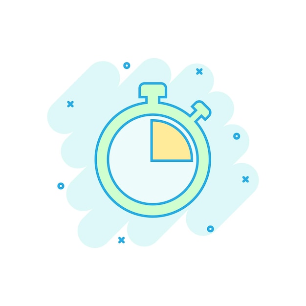 Icono de signo de reloj en estilo cómico Ilustración de dibujos animados de vector de gestión de tiempo sobre fondo blanco aislado Efecto de salpicadura de concepto de negocio de temporizador