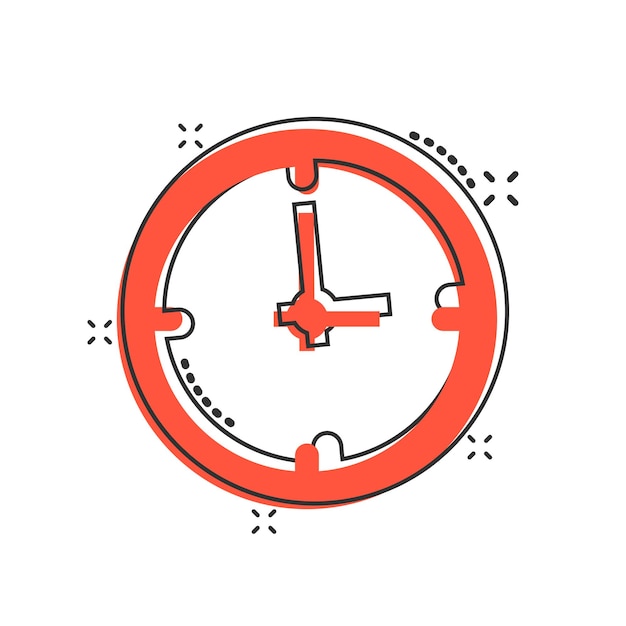 Icono del signo del reloj en estilo cómico Ilustración de dibujos animados vectoriales de gestión del tiempo en fondo blanco aislado Efecto de salpicadura del concepto de negocio del temporizador