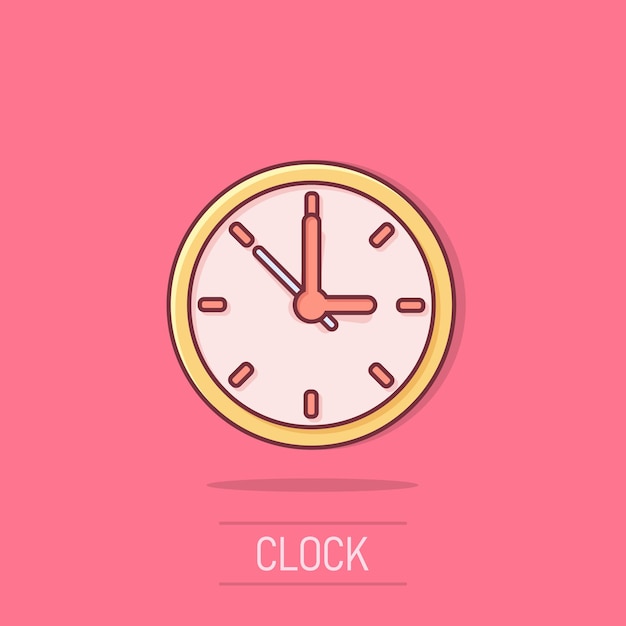 Icono del signo del reloj en estilo cómico Ilustración de dibujos animados vectoriales de gestión del tiempo en fondo blanco aislado Efecto de salpicadura del concepto de negocio del temporizador