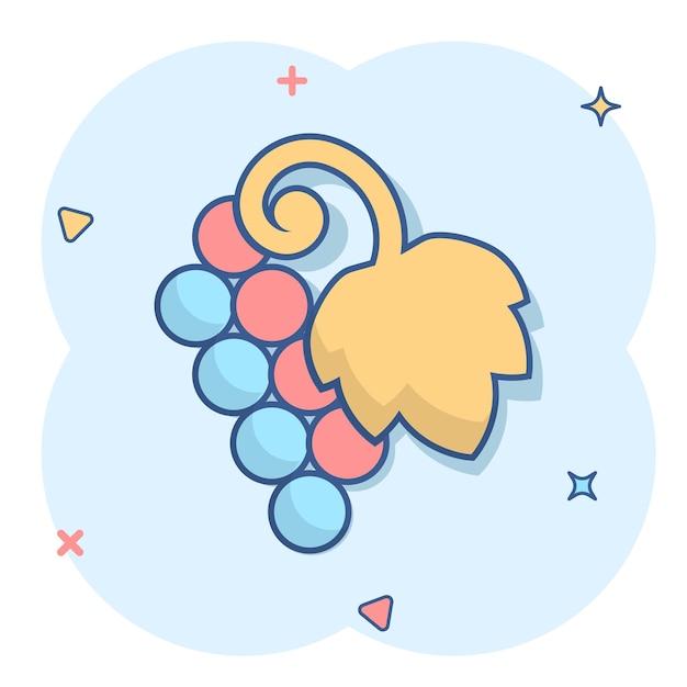 Ícono de signo de uvas en estilo cómico Ilustración de dibujos animados vectoriales de uva en fondo blanco aislado Concepto de negocio de uvas de vino Efecto de salpicaduras