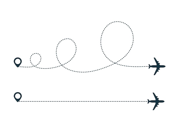 Vector icono de silueta de avión con ruta de línea punteada
