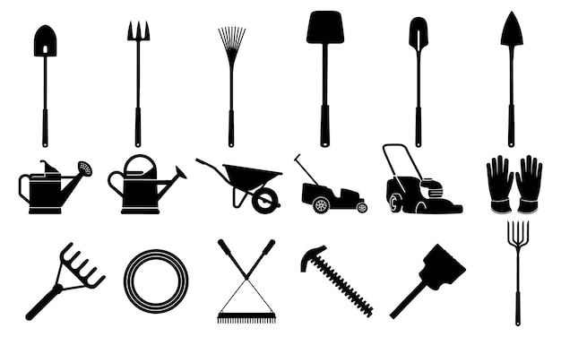 Icono de silueta Conjunto de herramientas y equipos de jardinería Ilustración vectorial