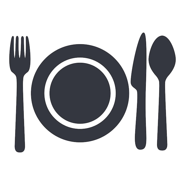 Icono de silueta negra vectorial Tenedor Cuchillo Cuchara y platos Icono de cena