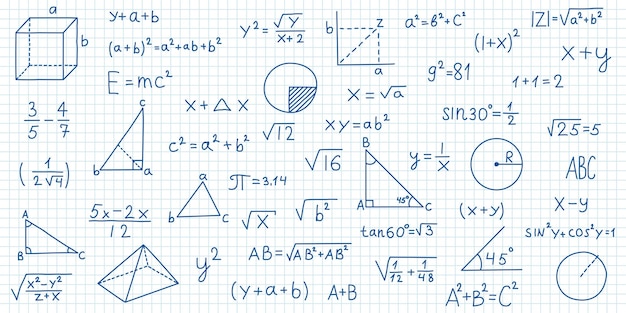 Icono de símbolos matemáticos dibujados a mano en estilo plano Ilustración de vector de fórmula matemática sobre fondo aislado Concepto de negocio de signo de educación escolar