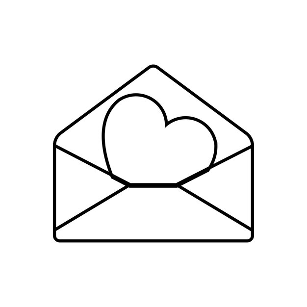 Icono simple lineal en blanco y negro hermosas letras en un sobre con un corazón para las vacaciones