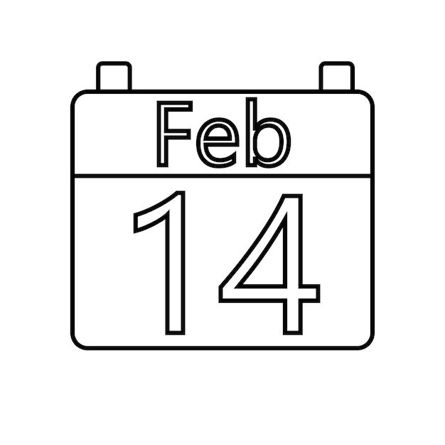 Vector icono simple lineal en blanco y negro de un hermoso calendario con la fecha 14 de febrero para las vacaciones