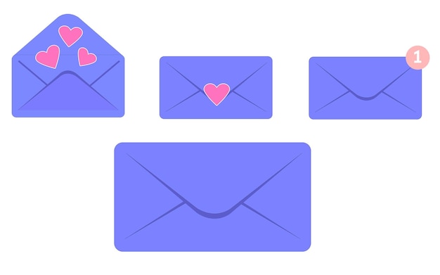 Icono de sobre azul establecido en fondo blanco Conjunto de iconos vectoriales con sobre y corazones vector eps