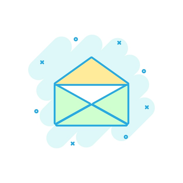 Icono de sobre de correo de colores de dibujos animados en estilo cómic Pictograma de ilustración de sobre Sinal de correo concepto de negocio de salpicaduras