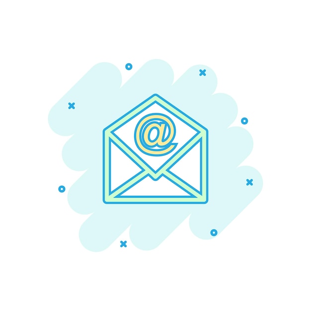 Icono de sobre de correo de dibujos animados vectoriales en estilo cómico Ilustración de letrero de correo electrónico Pictograma Concepto de efecto de salpicaduras de negocios de correo