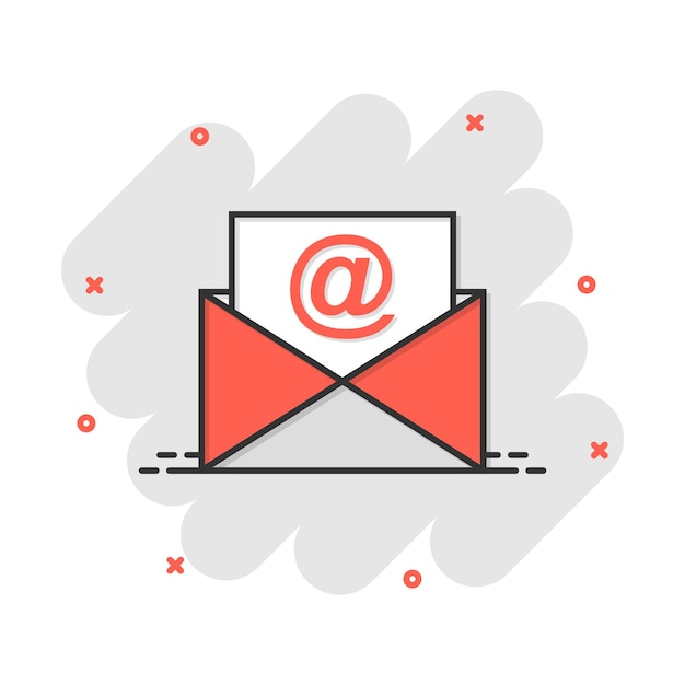 Icono de sobre de correo en estilo cómico Ilustración de dibujos animados vectorial de mensaje de correo Pictograma Caja de correo concepto de negocio de correo electrónico efecto de salpicaduras