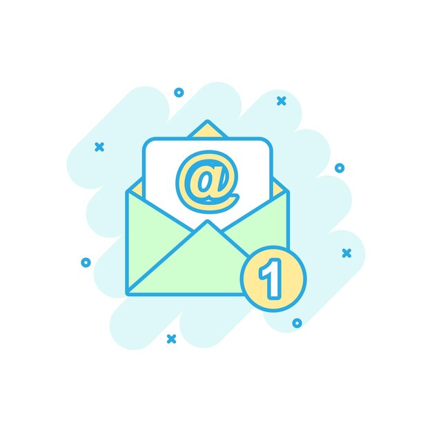 Icono de sobre de correo en estilo cómico Ilustración de dibujos animados vectorial de mensaje de correo Pictograma Caja de correo concepto de negocio de correo electrónico efecto de salpicaduras
