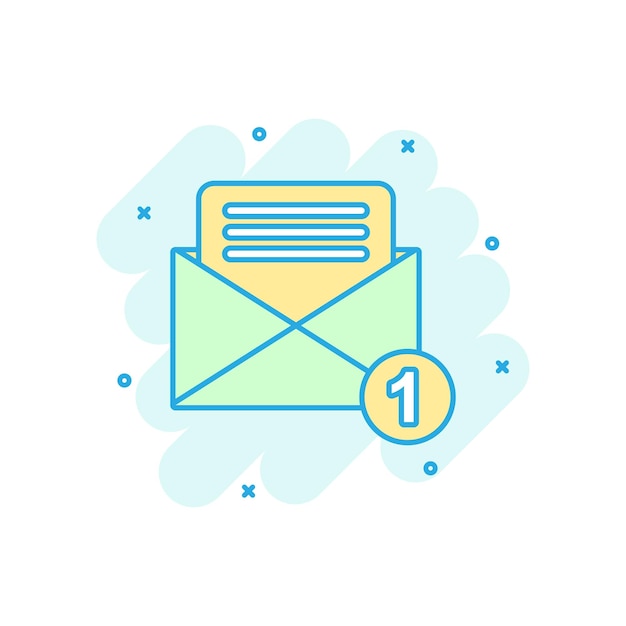 Icono de sobre de correo en estilo cómico Ilustración de dibujos animados vectorial de mensaje de correo Pictograma Caja de correo concepto de negocio de correo electrónico efecto de salpicaduras