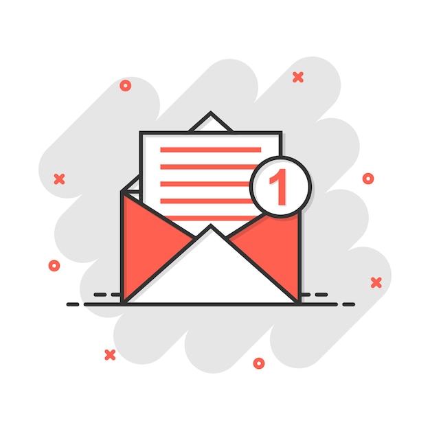 Icono de sobre de correo en estilo cómico Mensaje de correo electrónico vector de dibujos animados ilustración pictograma Efecto de salpicadura de concepto de negocio de correo electrónico de buzón