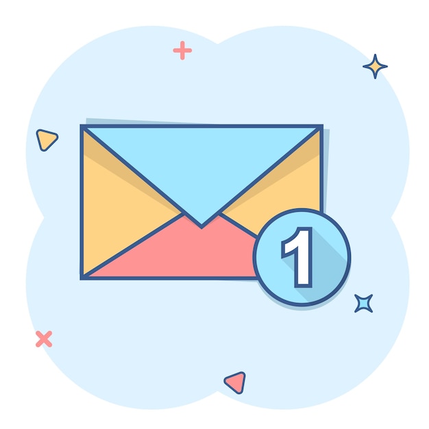 Icono de sobre de correo en estilo cómico Mensaje de correo electrónico vector de dibujos animados ilustración pictograma Efecto de salpicadura de concepto de negocio de correo electrónico de buzón