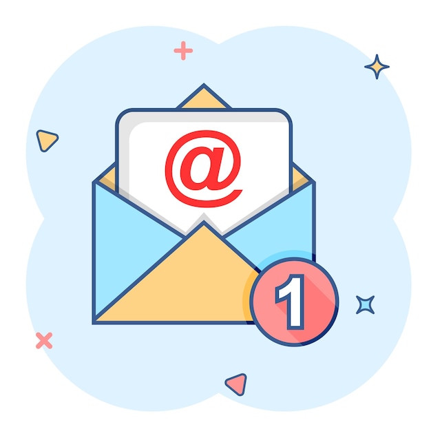 Icono de sobre de correo en estilo cómico Mensaje de correo electrónico vector de dibujos animados ilustración pictograma Efecto de salpicadura de concepto de negocio de correo electrónico de buzón
