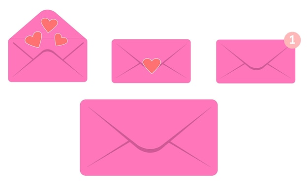 Icono de sobre rosa establecido en fondo blanco Conjunto de iconos vectoriales con sobre y corazones vector eps