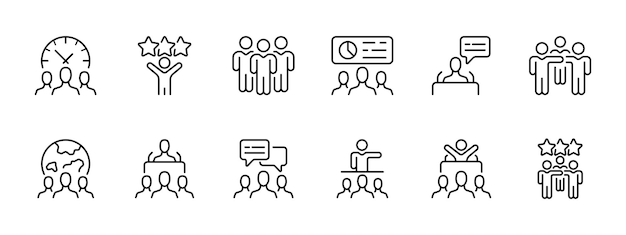 Icono de la sociedad establecido Horas de trabajo éxito grupo de personas viendo estadísticas discurso trabajo en equipo en todo el mundo gerente líder discusión empleados de la compañía concepto icono de línea vectorial