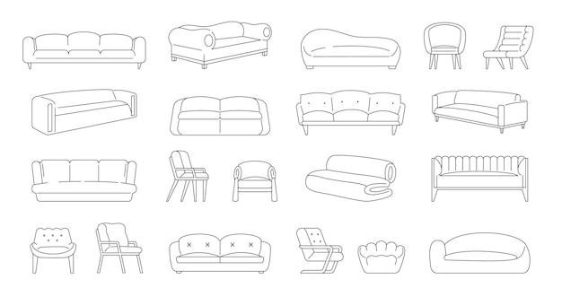 Icono de sofá de línea Icono de muebles de sofá y sillón de contorno para diseño de interiores de sala de estar tapicería moderna para el hogar y la oficina Set de sofás y sillas vectoriales