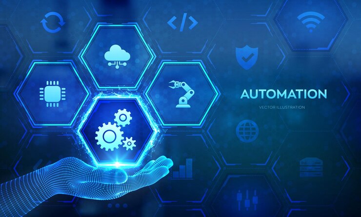 Vector icono de software de automatización de procesos robóticos en la mano del wireframe rpa industria inteligente iot y concepto de automatización como una innovación que mejora la productividad en la tecnología y los procesos empresariales vector