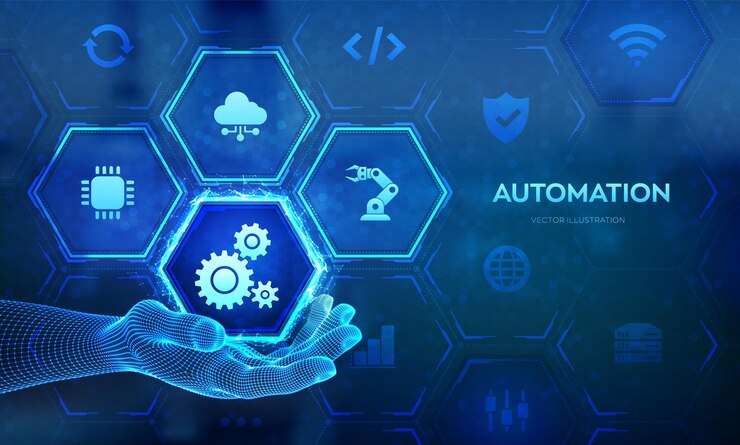 Vector icono de software de automatización de procesos robóticos en la mano del wireframe rpa iot y concepto de automatización como una innovación que mejora la productividad en la tecnología y los procesos empresariales vector de industria inteligente