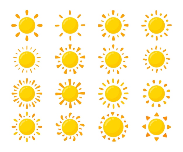 Icono de sol amarillo Diseño de estilo de dibujos animados simple Los rayos del sol en verano