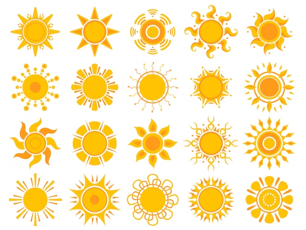 Icono de sol amarillo. naranja clima sol verano símbolos abstractos aislados