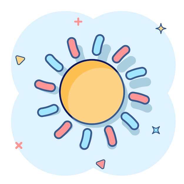 Icono de sol de dibujos animados de vector en estilo cómico Sol con pictograma de ilustración de signo de rayo Concepto de efecto de salpicadura de negocio de sol