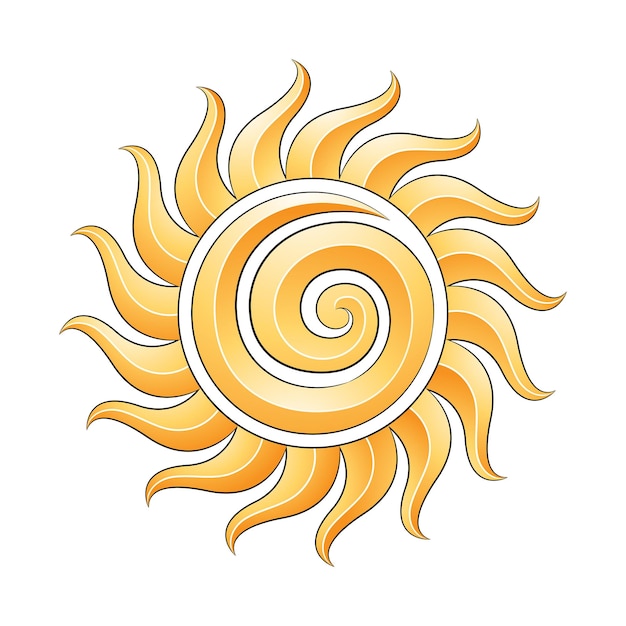 Icono de sol espiral en relieve amarillo con curvas con contornos negros