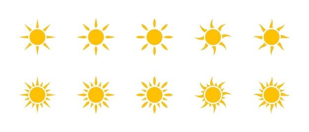 icono de sol establecido en muchas variaciones de formas, icono de luz solar en color amarillo