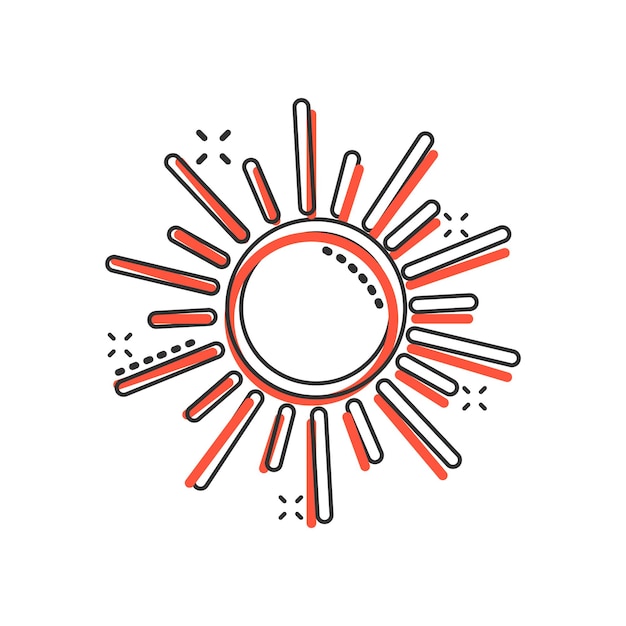 Icono del sol en estilo cómico Ilustración vectorial de cartón animado de luz solar en fondo blanco aislado Efecto de salpicaduras de luz del día Concepto de negocio