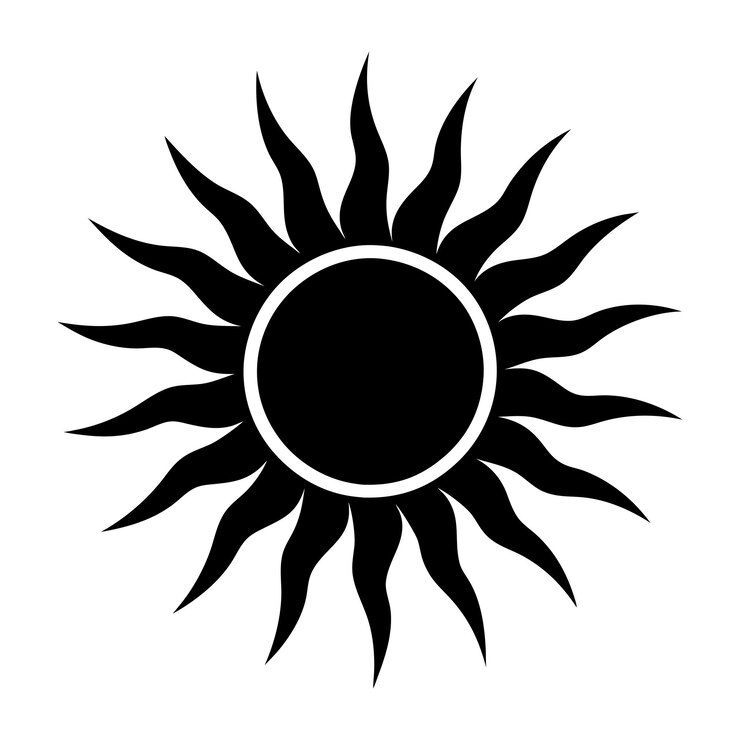 Icono del sol minimalista en blanco y negro con fondo blanco