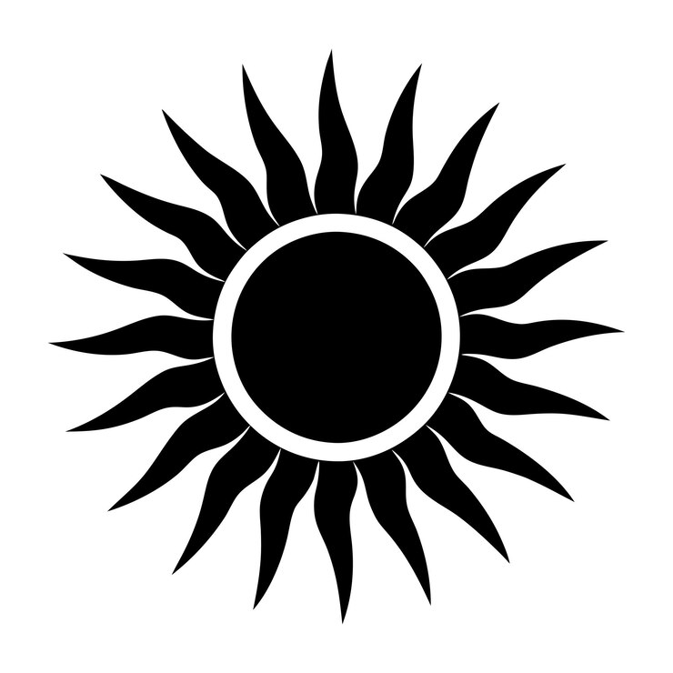 Icono del sol minimalista en blanco y negro con fondo blanco