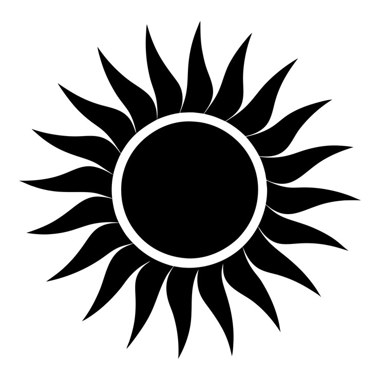 Icono del sol minimalista en blanco y negro con fondo blanco
