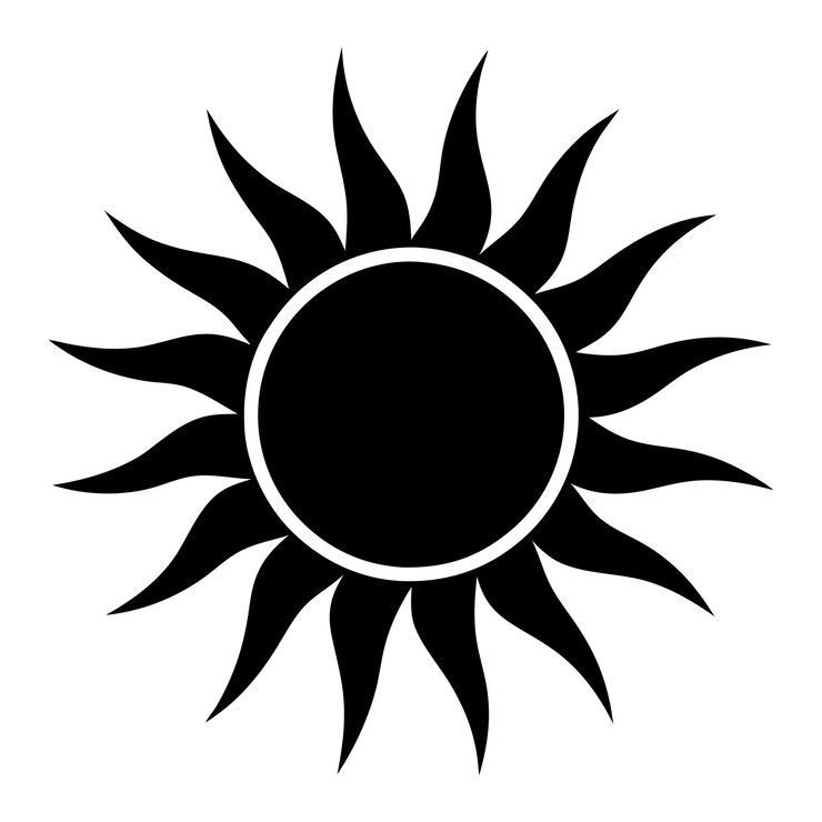 Icono del sol minimalista en blanco y negro con fondo blanco