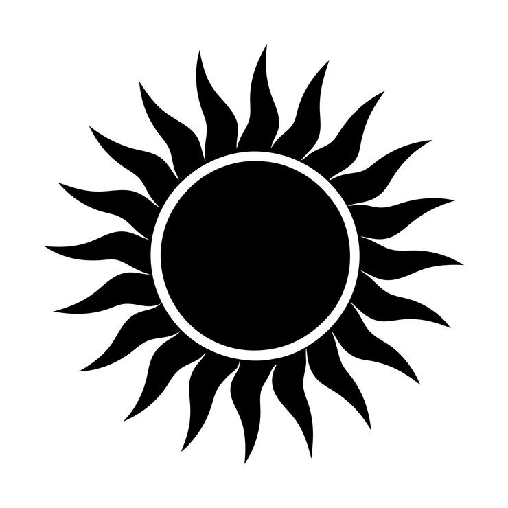 Icono del sol minimalista en blanco y negro con fondo blanco