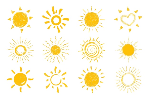 Vector icono de sol plano pictograma de sol símbolo de verano de vector de moda para diseño de sitio web botón web aplicación móvil vector doodle soles