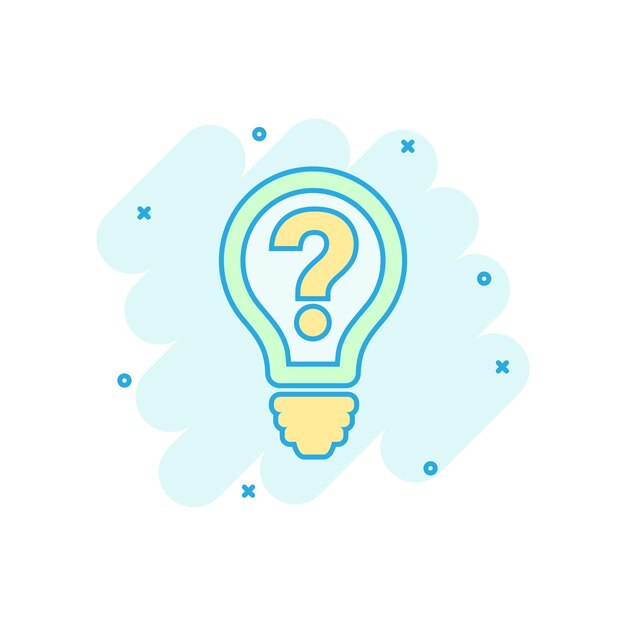 Icono de solución de problemas en estilo cómico Ilustración de dibujos animados vectorial de idea de bombilla en fondo blanco Efecto de salpicaduras de concepto de negocio de pregunta y respuesta