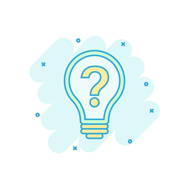Icono de solución de problemas en estilo cómico Ilustración de dibujos animados vectorial de idea de bombilla en fondo blanco Efecto de salpicaduras de concepto de negocio de pregunta y respuesta
