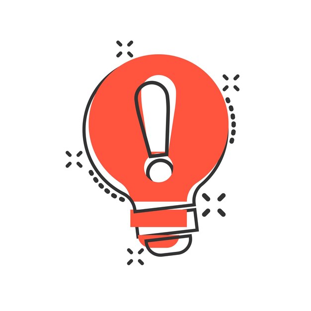 Icono de solución de problemas en estilo cómico Ilustración de dibujos animados vectorial de idea de bombilla en fondo blanco Efecto de salpicaduras de concepto de negocio de pregunta y respuesta