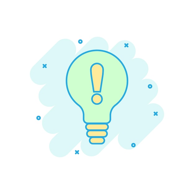 Ícono de solución de problemas en estilo cómico Ilustración de dibujos animados vectorial de idea de bombilla en fondo blanco Pregunta y respuesta concepto de negocio efecto salpicadura