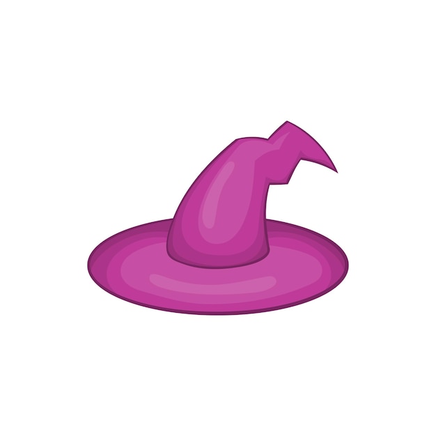 Icono de sombrero de bruja púrpura en estilo de dibujos animados sobre un fondo blanco