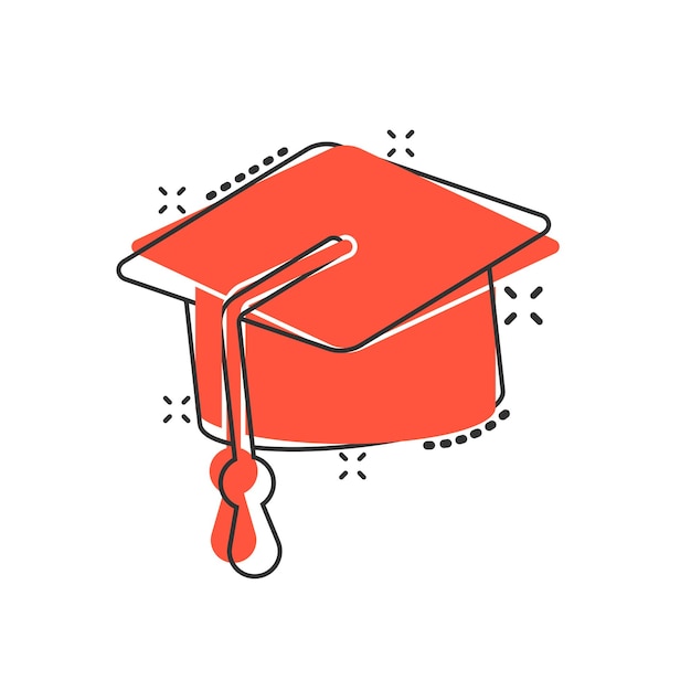 Icono de sombrero de graduación en estilo cómic Ilustración de vector de dibujos animados de tapa de estudiante sobre fondo blanco aislado Concepto de negocio de efecto de salpicadura de universidad