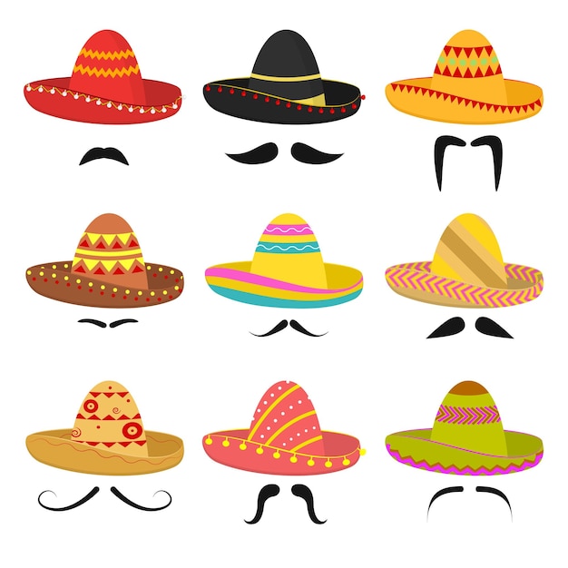 Vector icono de sombrero mexicano de dibujos animados y signos de bigote conjunto de iconos de sombreros tradicionales de méxico
