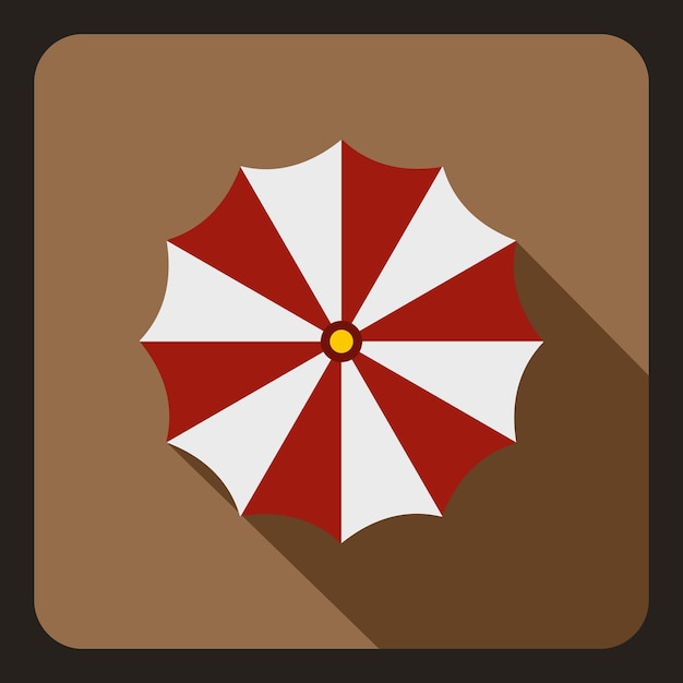 Icono de sombrilla de playa roja y blanca en estilo plano con una larga sombra Ilustración de vector de símbolo de sol
