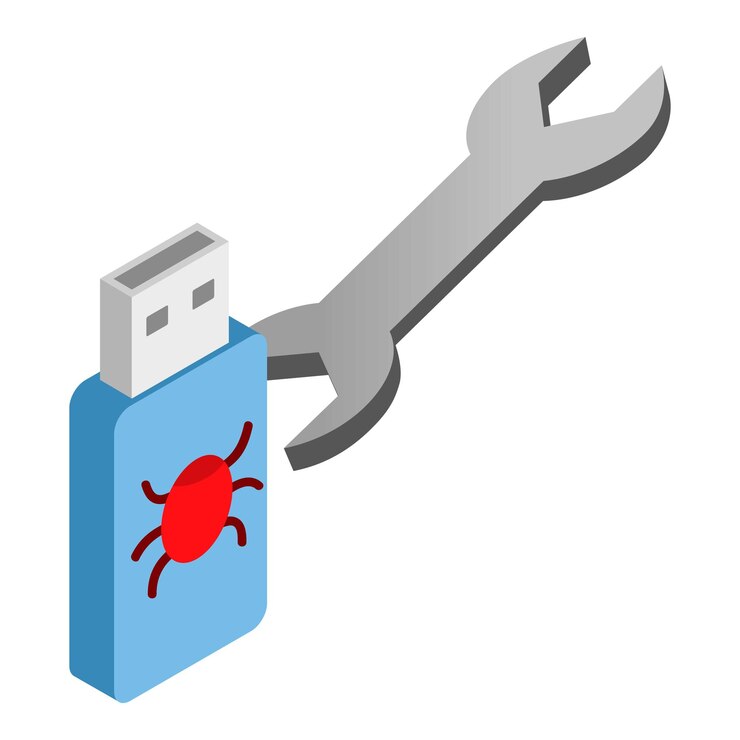 Vector icono de soporte técnico vector isométrico unidad flash con icono de virus y llave inglesa servicio de ajuste de eliminación de malware de asistencia técnica