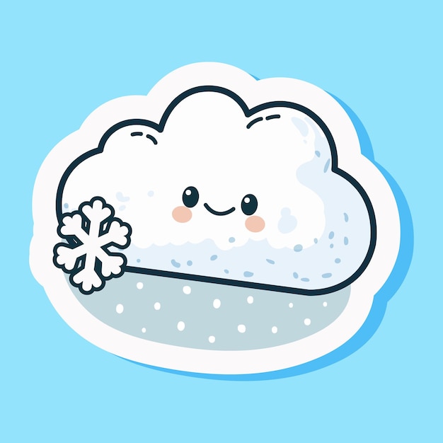 Ícono de sticker de nube de dibujos animados símbolo nevado divertido diseño de burbuja elemento pronóstico de heladas de invierno clima cielo personaje aislado en fondo azul ilustración vectorial